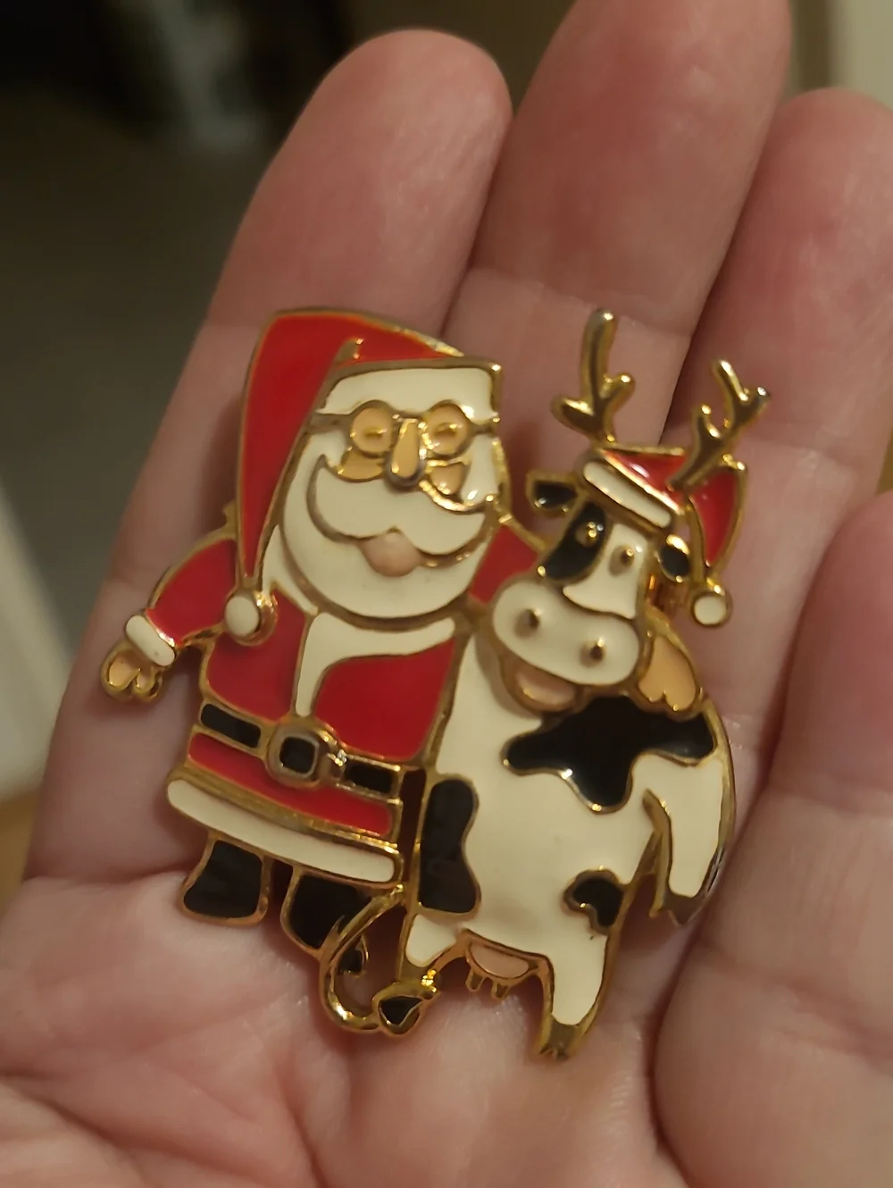 Christmas Santa and Reindeer Cow Enamel Pin Red, White, Black, Gold Edgar Berebi